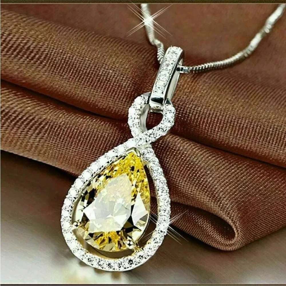 Stunning Citrine Yellow Diamond Silver Pendant Necklace